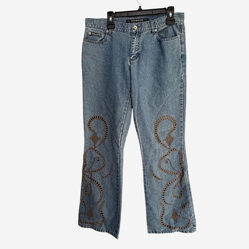 Y2K 2007 DKNY Jeans Womens Light Wash Bootcut Embroidered cutout Denim 12 boho